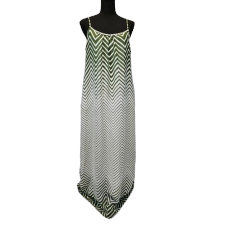 Robbie Bee Green & White Chevron Sheer Spaghetti Strap Boho Maxi Dress Sz 8